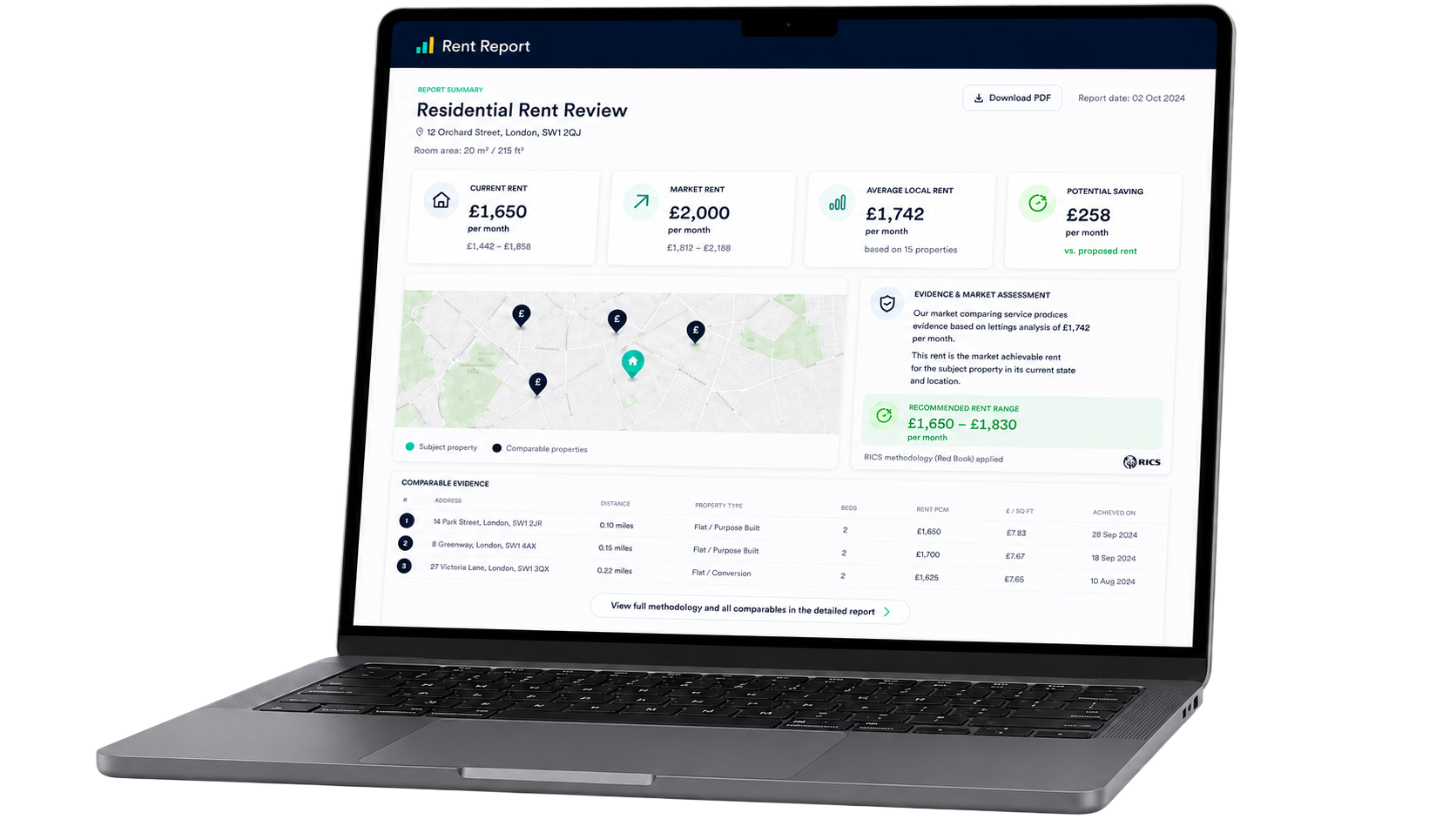 Rent Report residential rent review shown on a laptop, with summary rent cards, a comparables map and an evidence assessment panel
